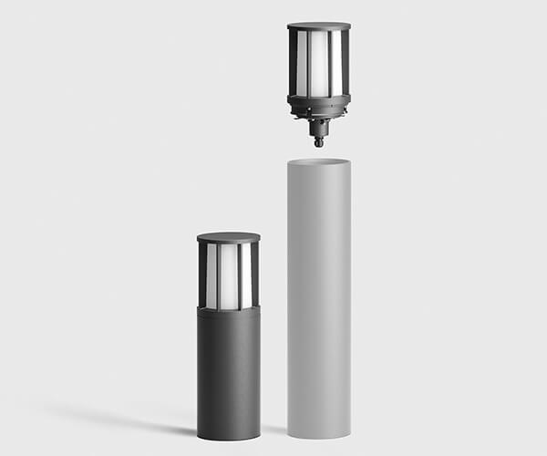 pullerter med lys i rustfri stål eller aluminium med udskiftelig top med lodret beskyttelsesgitter