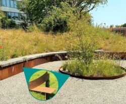 Stålkantsætning i corten stål med en bænk monteret på og som plantbed
