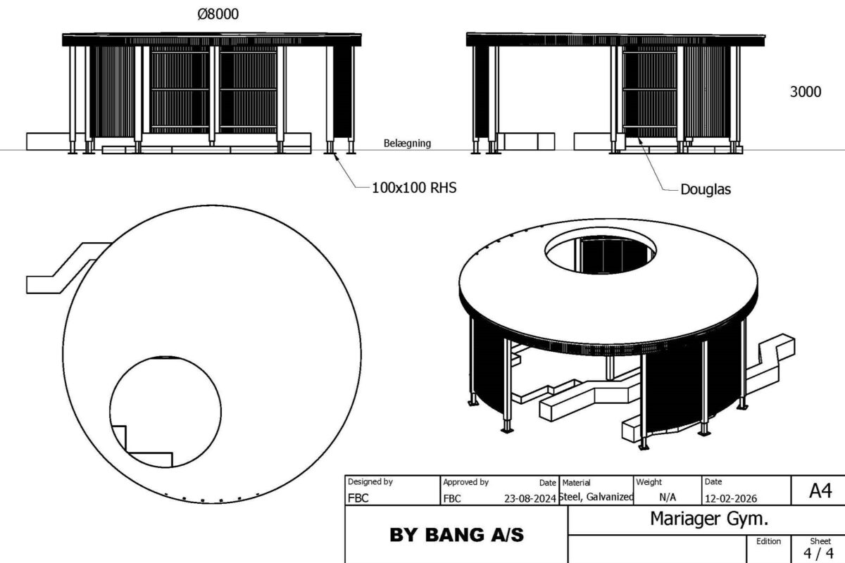 Produktionstegning af specialdesignet cirkulær overdækning Ø8 meter til Mariagerfjord Gymnasium