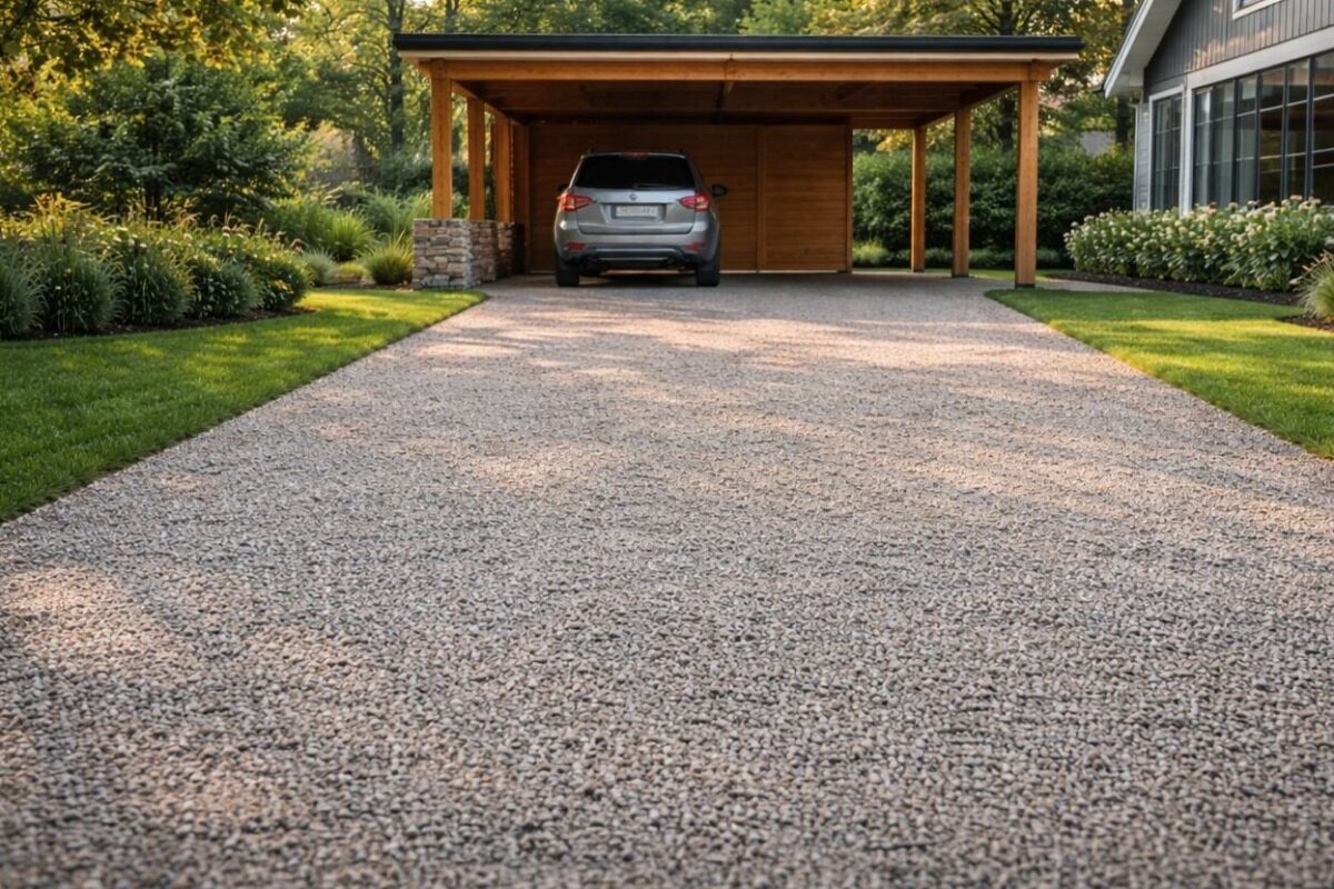 Stenarmering til indkørsel med grus og carport.