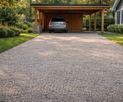 Stenarmering til indkørsel med grus og carport.