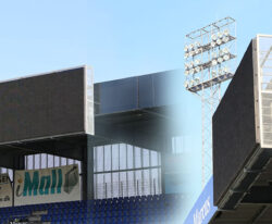 Storskærm og måltavle hos Randers FC på Randers Arena stadion. Galvaniseret stål med løbegange til service og el.