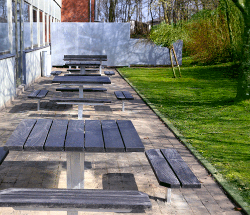 skole, asferg, Quattro bordbænkesæt, bænkesæt, bordbænk i recyclingplast og galvaniseret udførsel til park, by, byrum, ude arealer eller institutioner
