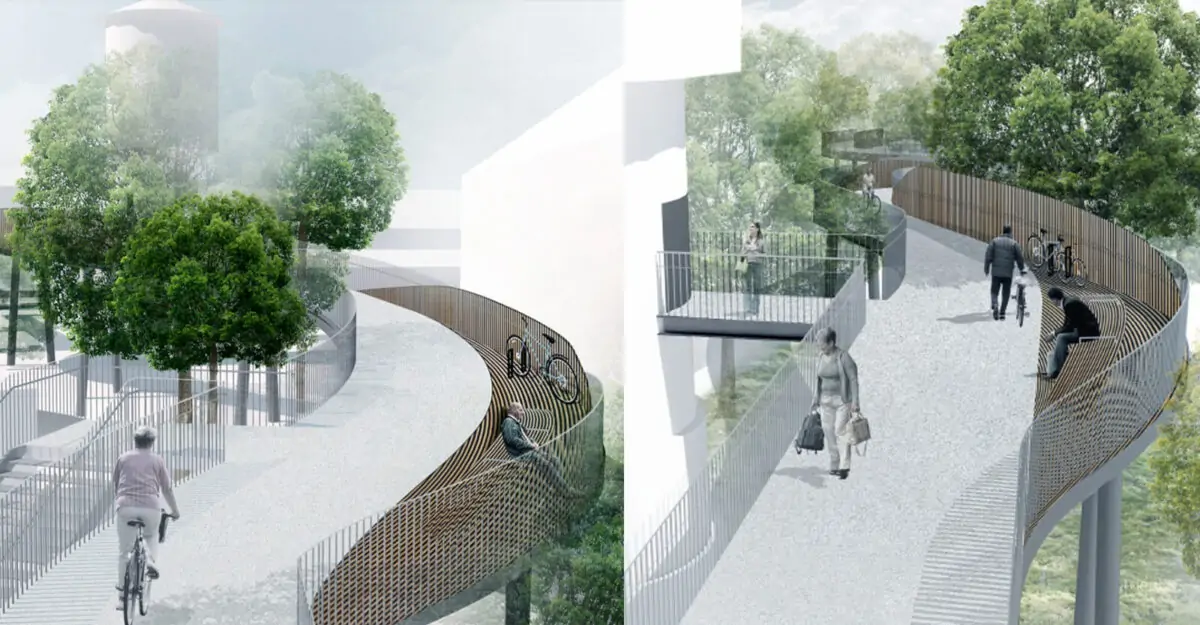 digital plan med Langå gangbro med brosøjlerne i stålrør fremstillet af By Bangs team