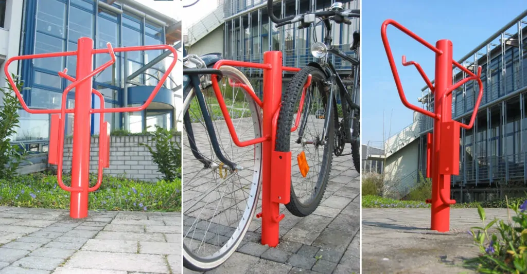en pullert med en dobbelt cykelstativ til cykelparkering fra begge sider