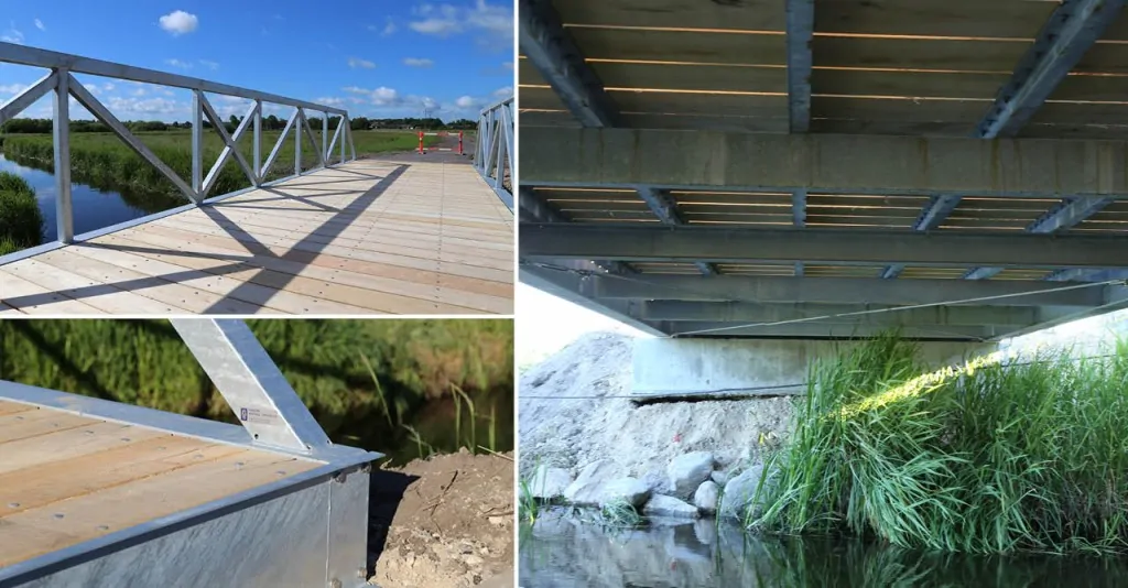Cykel- og gangbroen fremstillet i solidt galvaniserset stål med betonanslag i hver ende placeret i Fårup by